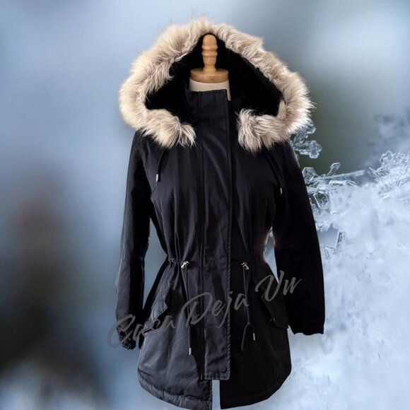 Banana Republinc Fur Lined Hooded Black Winter Coat Jacket Parka - Picture 2 of 10